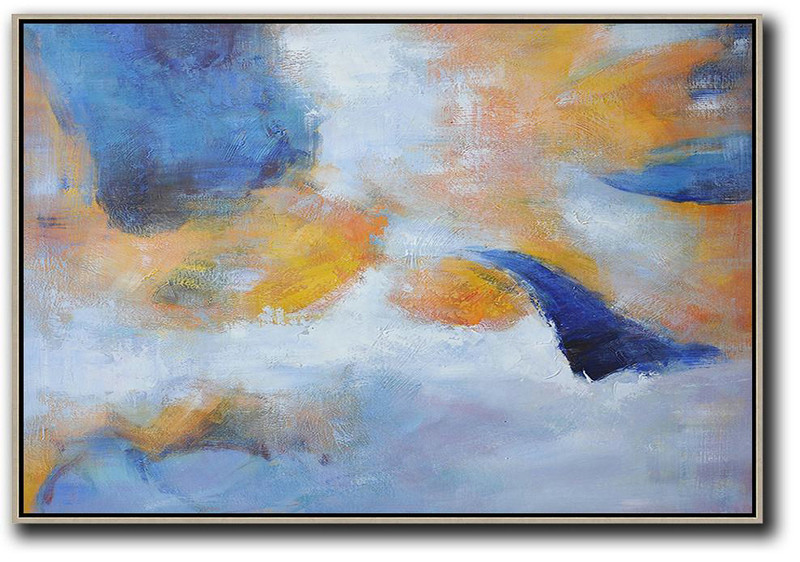 Handmade Extra Large Contemporary Painting,Oversized Horizontal Contemporary Art,Big Art Canvas Blue,Yellow,White,Grey